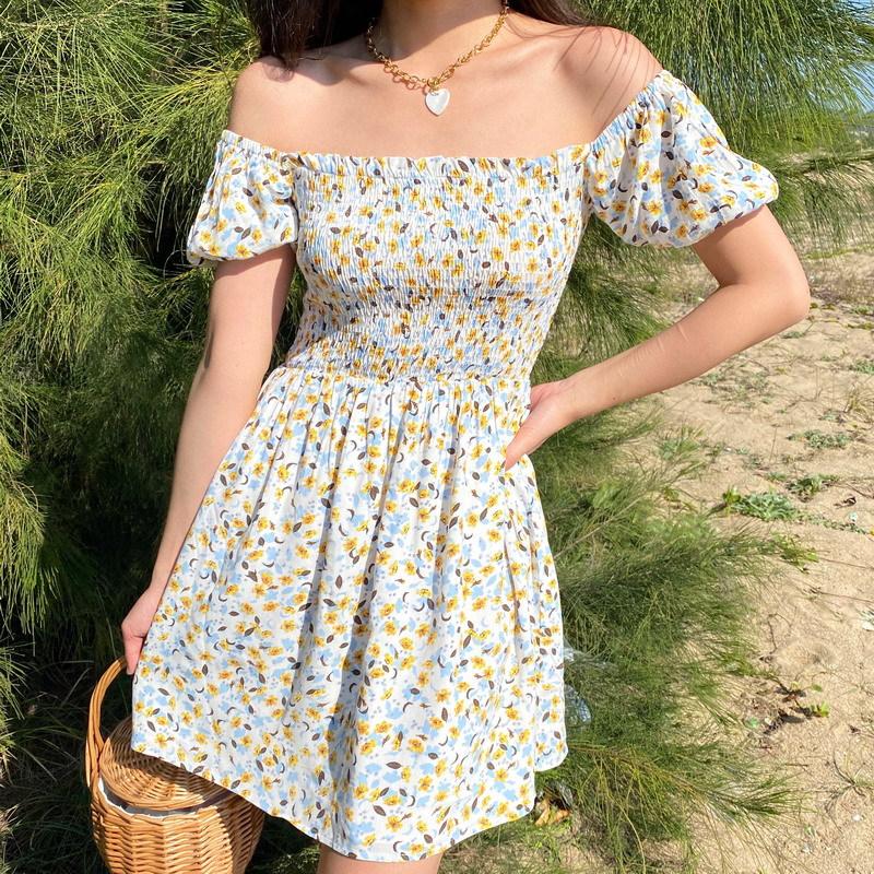 

Casual Dresses Summer Floral Dress Women Square Neck Puff Sleeve Kawaii Fairy Princess Mini High Waist Chiffon Evening Party 2022Casual, Yellow