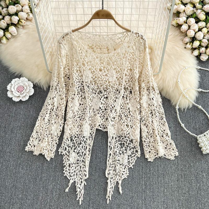 

Women's Knits & Tees YIZZHOY Summer Women Sweet Hollow Out Embroidered Slim Knitted Sunscreen Shirt Top Loose Irregular Cardigan Coat Perf22, White
