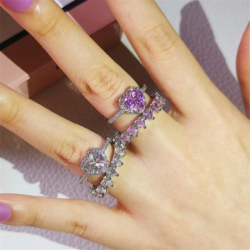 

2022 Sweet Cute Wedding Rings Fashion Jewelry 925 Sterling Silver Pear Cut White Topaz Pink CZ Diamond Gemstones Eternity Handmade Women Couple Bridal Ring Set Gift