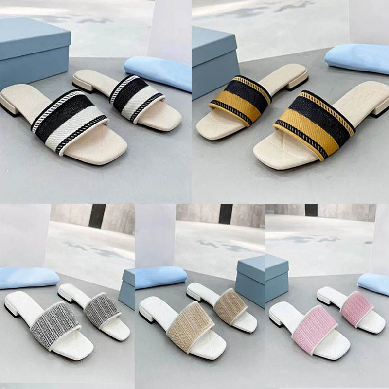 

Designer Women Slippers Embroidered Sandals Fabric Triangle Slides Mules Knitted Slipper Womens Home Flip Flops Casual Summer Leather Flat Slide Rubber Sole