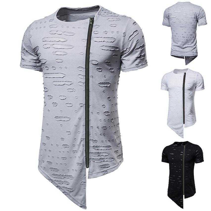 

Men Designer Summer t shirts New Mens Summer Tees Irregular Hem Zipper Cardigan Crew Neck Top T Shirt Cotton T-shirt Solid Mens Cl275J, White