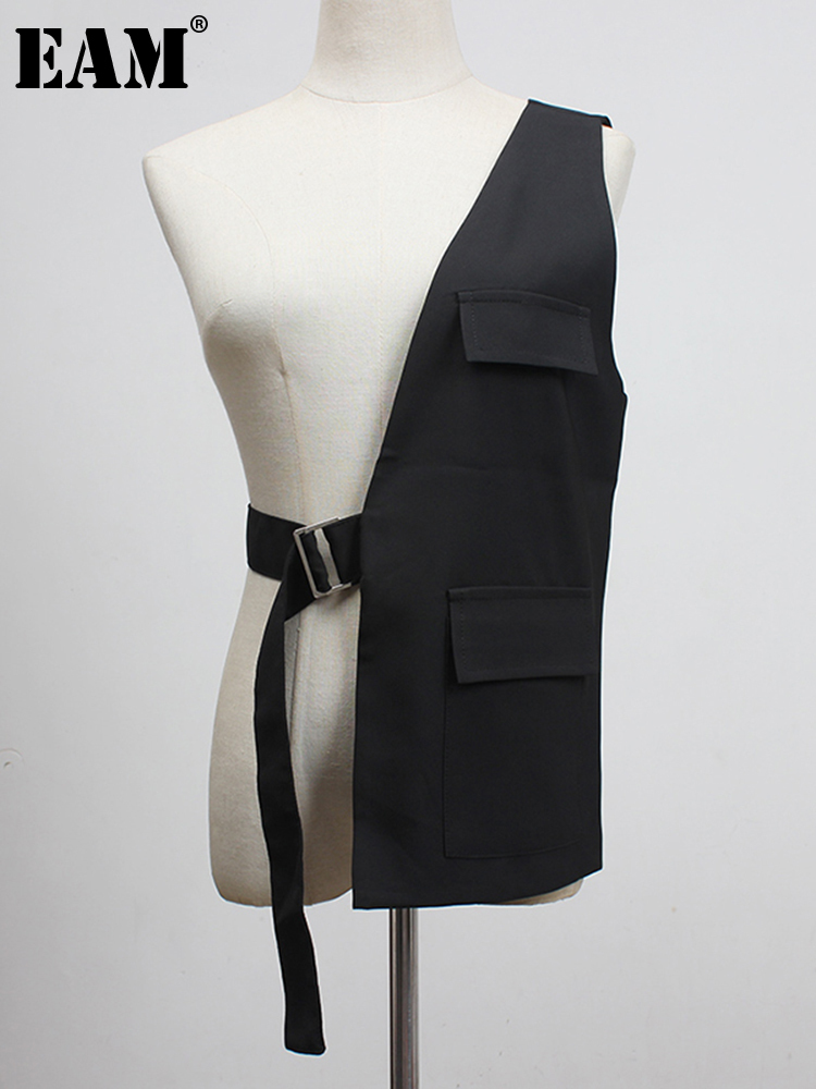 

Women Loose Fit Black One Side Buckle Split Joint Vest Vcollar Sleeveless Fashion Spring Autumn 220812