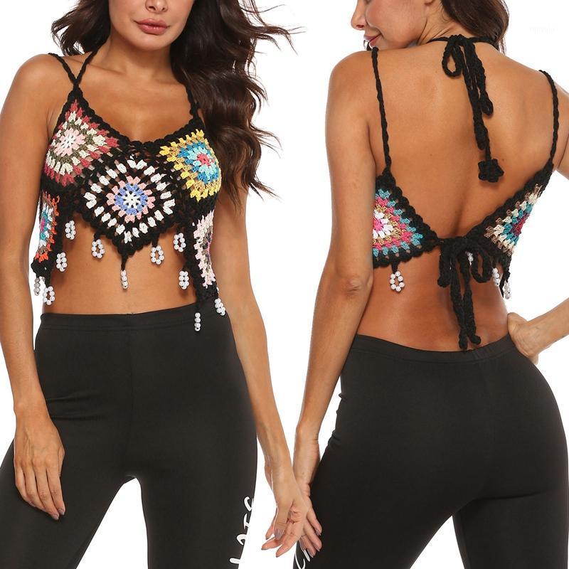 

Women Knit Crochet Tassel Sexy Beach Bustier Camisole Hollow Out Bohemian Tank Tops Black Women's Swimwear