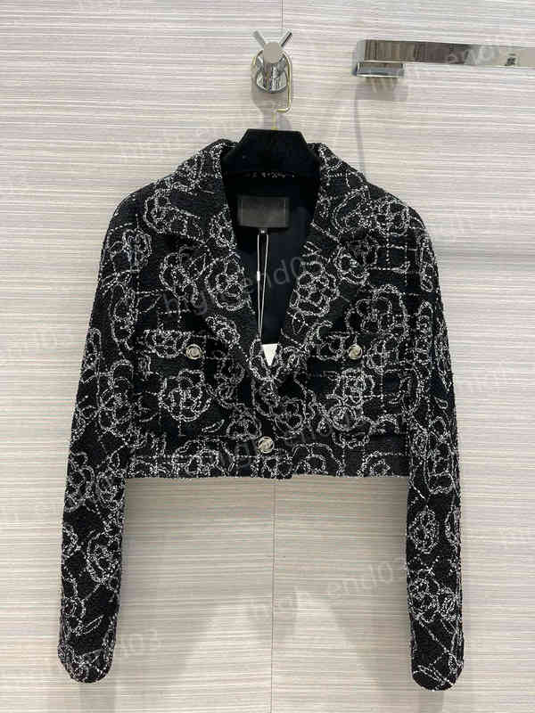 

Designer Womens Printing Suit Jackets Fashion Brand Ch..l Short Blazer Jacquard Black Contrast Camellia Graffiti Coats Luxury Women Clothing Apparel, 11