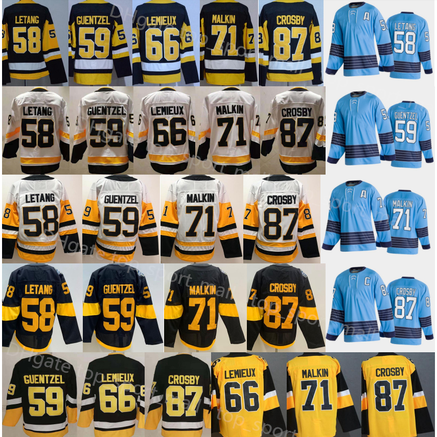 Équipe Classics Heritage Hockey 87 Sidney Crosby Jersey 58 Kris Letang 59 Jake Guentzel 66 Lemieux Evgeni Malkin Sédium Série Alternate Hommes Noirs Revers Retro Blue