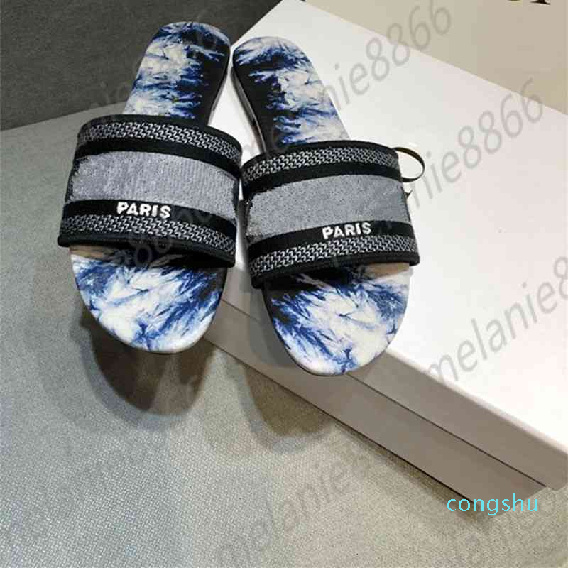 Designer D1OR slippers Fashion Leather Women Paris Embroidered Dazzle d Way Womens Beach Slide Scuffs Summer Sandals Striped Ladies