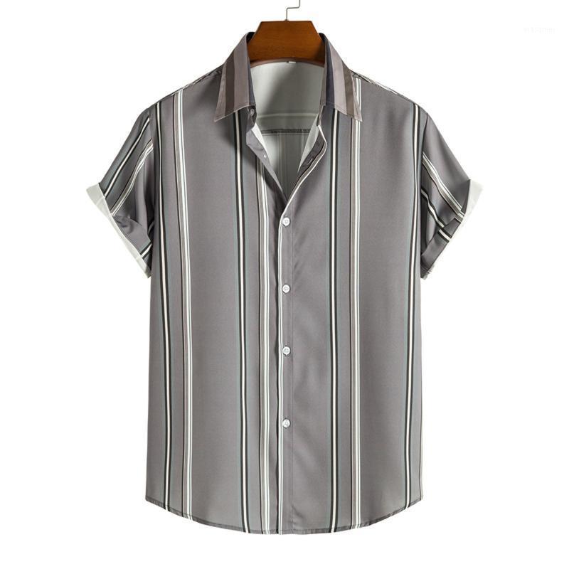 

Men's Casual Shirts Summer Loose Short Sleeve For Men Striped Print Button Down Harajuku Blouse Top Camisa Masculina, Gray