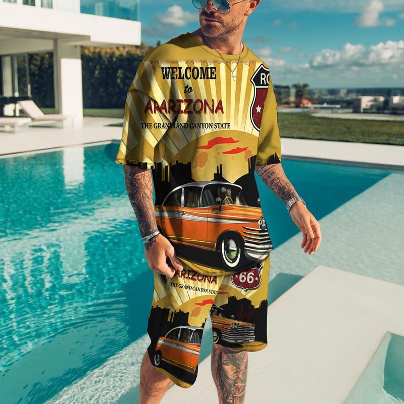Men's Tracksuits Double 66 Route Grapihc Pattern Men's Cloting Casua Summer T Shirt For Men Retro Trend Sets Sport Jogging Suit Clothing