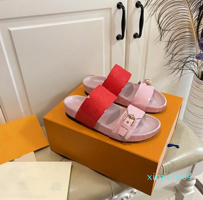 

Designer Women Slides Sandal Bom Dia Flat Mule Slipper Patent Canvas Beach Sandals Rubber Soles Summer Flip Flops with box EU36-45 bv02, Color 7