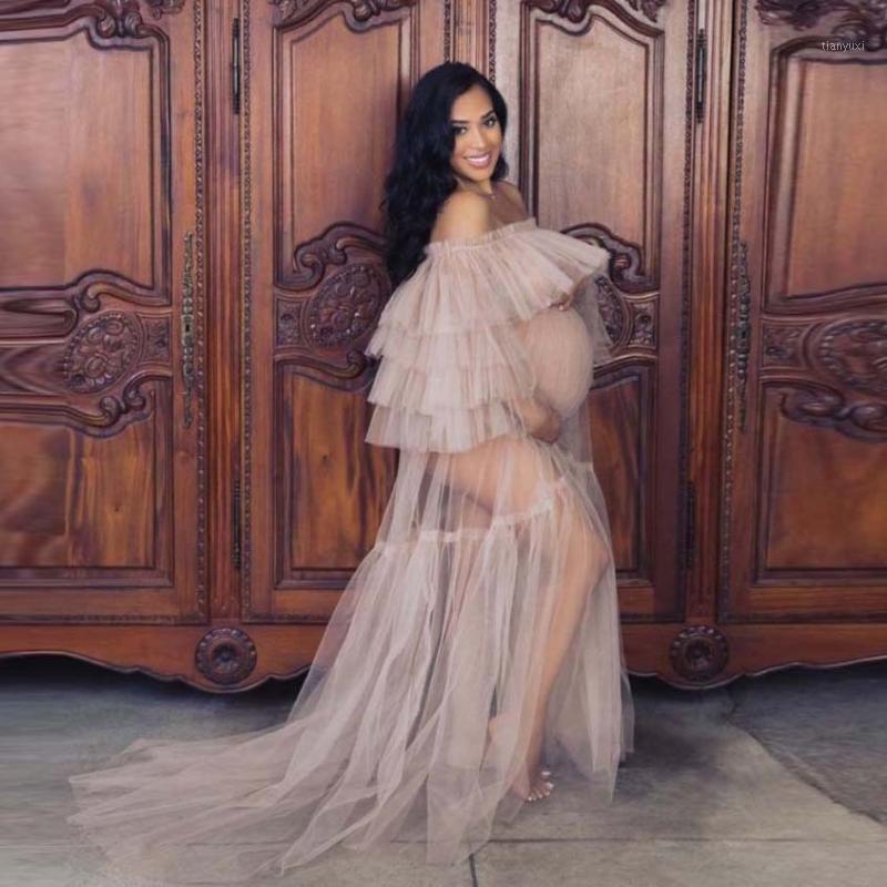 

Casual Dresses Sexy See Through Red Women For Maternity Poshoot Ruffles Tiered Pregnant Woman Long, Beige
