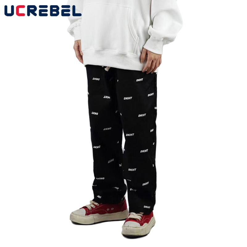 

Men's Pants Letter Full Print Wide Leg Mens Streetwear Casual Elastic Waist Loose Straight-leg Trousers Men, Black