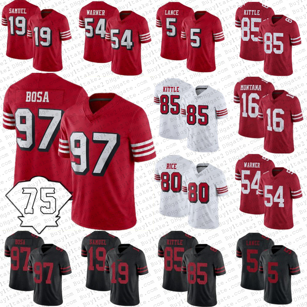 

85 George Kittle 19 Deebo Samuel SF Mens Women Kids Youth Football 97 Nick Bosa Jerseys 5 Trey Lance 54 Fred Warner 80 Jerry Rice Jimmy Garoppolo 49er''joe Montana, Womens
