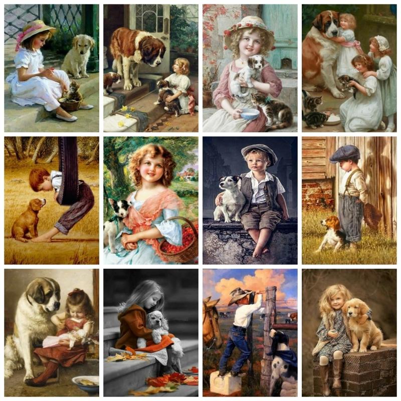 

Paintings AZQSD Paint By Numbers For Adults Boy Dog Unique Gift Children Oil Painting On Canvas Coloring Figure Home Decor