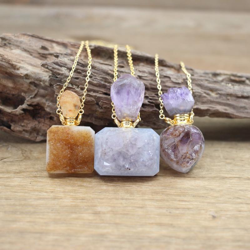 

Pendant Necklaces Natural Citrines Amethysts Geode Druzy Essential Oil Vial Necklace Heart Rectangle Drusy Perfume Bottle Charms QC1107Penda