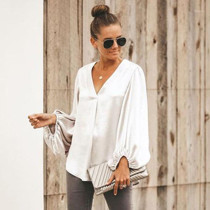 

Women' Blouses & Shirts 2022 Spring Women Shirt Female Blouse Tops Lantern Sleeve Casual V-Neck Fashion Loose, Gray