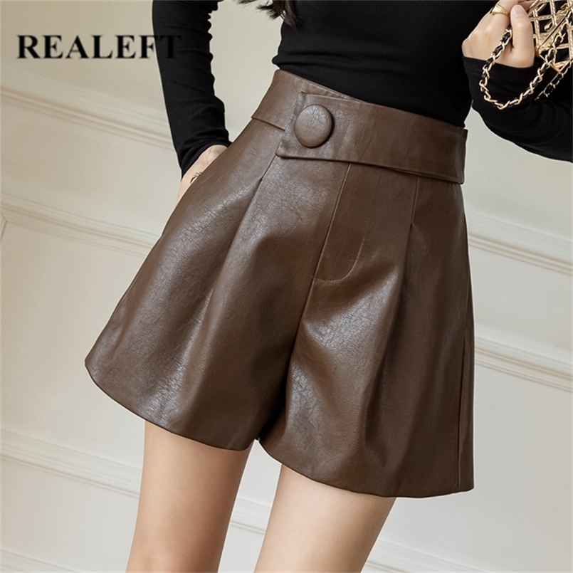 

REALEFT Autumn Winter Button Women' Faux PU Leather Shorts High Waist Ladies Elegant Short Trousers Pocket Female 220419, Black