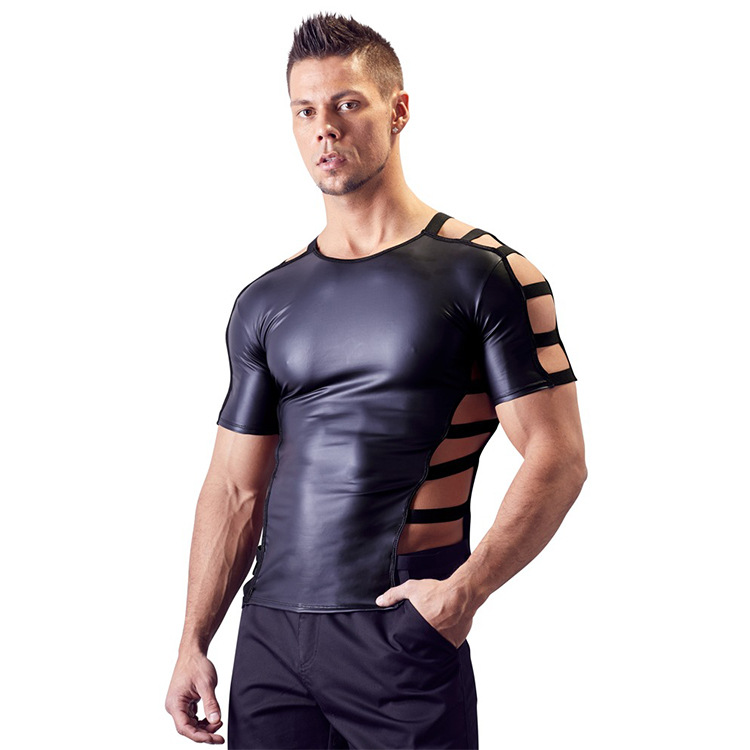 

Men' T-Shirts Lingerie Sexy Top Learher Catsuit Hollow Out Singlet Top Tanks Bodysuits PU Leather Stage Clubwear, Black