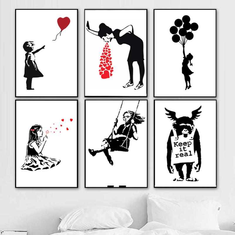 

Paintings Banksy Graffiti Art Collection Canvas Painting Girl With Red Balloon Black White Wall Poster Nordic Living Room Home Decor