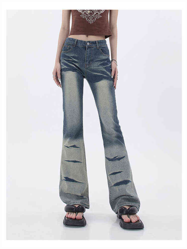 

High-waisted Contrasting Color Micro-bladed Jeans Summer Hot Girl Design Wide-legged Straight High Street Slim Denim Trousers T220728, Blue