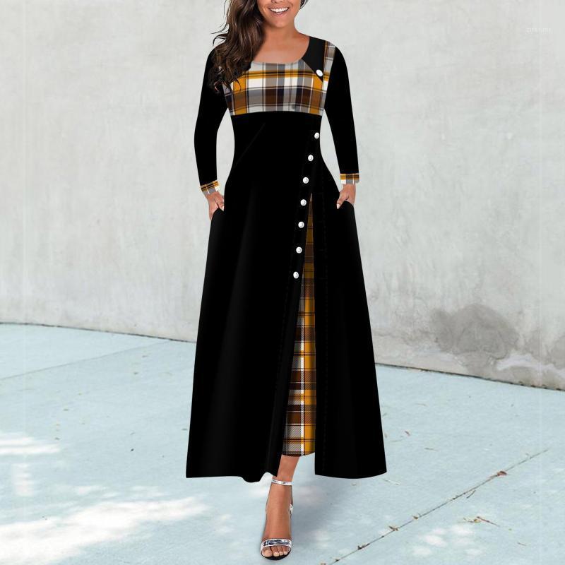 

Casual Dresses Plaid For Women 2022 Vintage Princess Dress O-neck 3/4 Sleeve Button Party Aline Swing Maxi Vestidos De Mujer, We