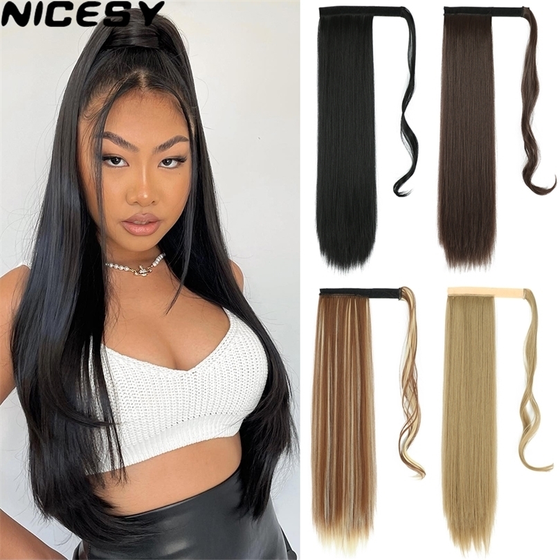 

Synthetic Long Straight tail Wrap Around Clip in Hair Natural piece Fiber Black Blonde Fake Tail 220715, 12