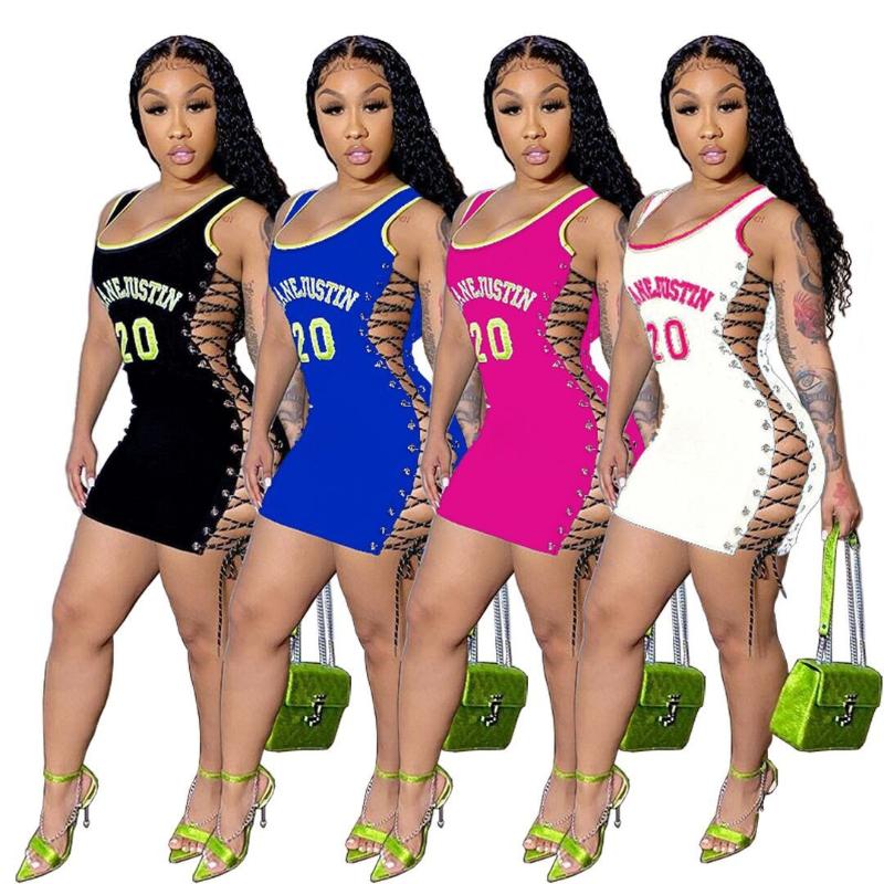 

Plus Size Dresses Gx346y Wholesale Clothing Women Vendor Letters Print Women's Mini Dress V Neck Hollow Out Sexy Night Club Jersey Dress, Black