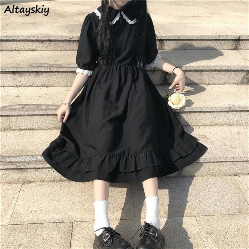 

Dress Women Lace Cute Summer Simple Solid Leisure Korean Style Sweet Ladies Fashion Sundress All match Preppy Comfortable Loose 220613, Black