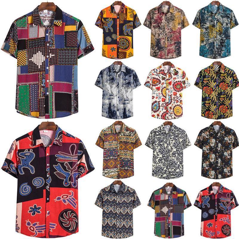 

Summer Ethnic Print Plaid Shirt Button Up Men's Fashion Short Sleeve Vacation Leisure Loose Mens Beach Shirts Casual, As photo
