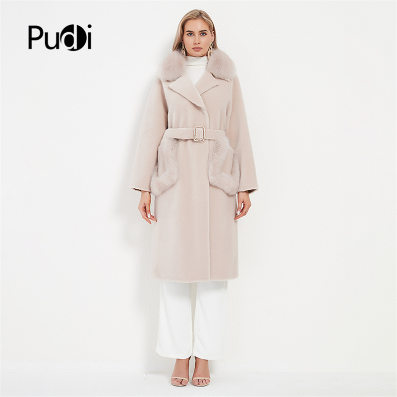 Pudi nouvelle mode véritable laine fourrure femme douce manteau long avec col de fourrure de renard h2103