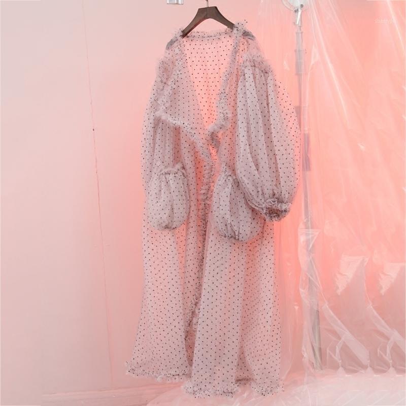 

Women's Trench Coats ZCWXM 2022 Spring Summer Large Lantern Sleeve Sunscreen Cardigan For Women Dot Mesh Transparent Double Pocket Long Coat, Beige