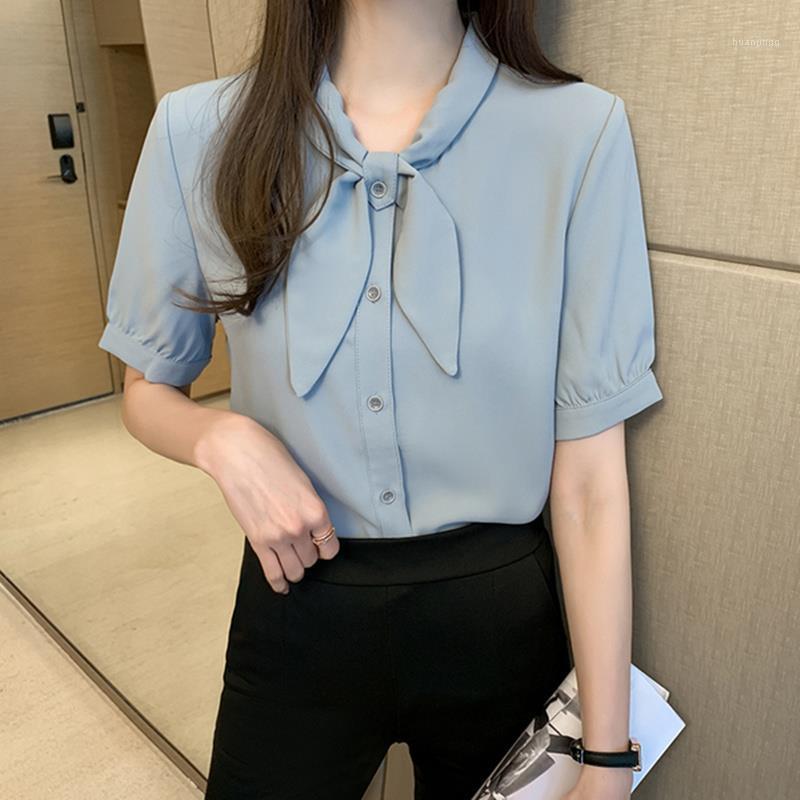

Women's Blouses & Shirts 2022 Summer Chiffon Blouse Fashion Bow Collar Short Sleeve OL Business Shirt Temperament Button Female, Blue