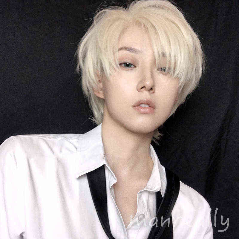 

Hairpiece Ailiade Fashion Men Short Wig Light Yellow Blonde Synthetic Wigs with Bangs for Male Women Boy Cosplay Costume Anime Halloween 0121