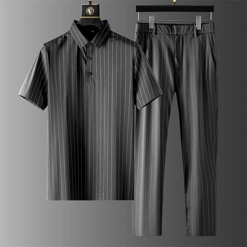 Light Luxury Mens Short Sets Business Casual Suit Men s Summer Leisure Sleeve Thin Stripe Shirt Pants Two piece 220621