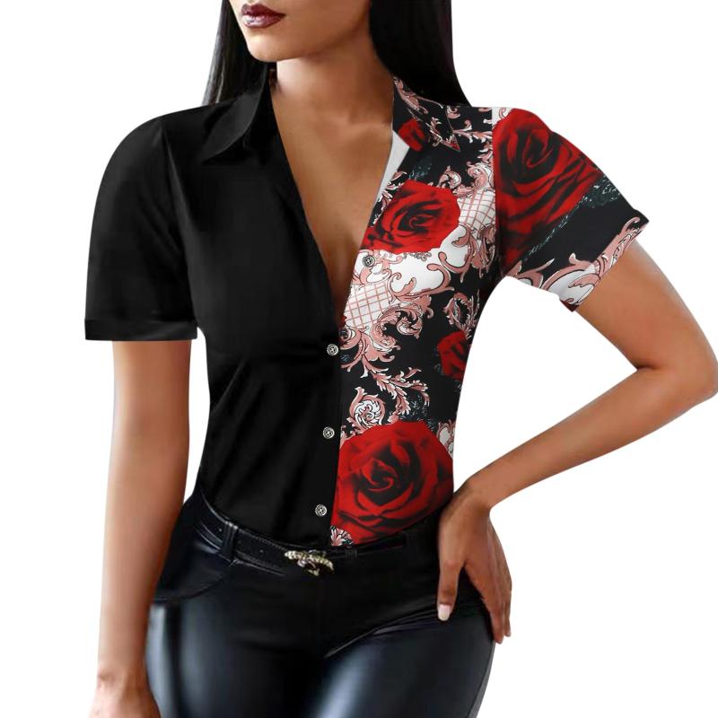 

Women' Blouses & Shirts Women Korean Fashion Short Sleeve Turn Down Collar Colorblock Striped Lattice Print Single Breasted Vintage TopWome, Bk