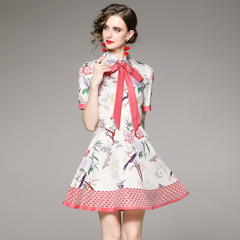 

Vintage Lapel Button Up Shirt Dress Short Sleeve Woman Designer Summer Floral High Waist Slim Party Club Mini Dresses Runway 2022 Holiday Bow Big Swing Frock For Women