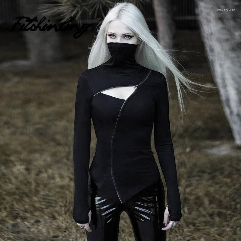 

Women' T-Shirt Fitshinling Goth Tuetleneck Tees Female Hollow Out Dark Zipper Long Sleeve Skinny Gothic Patchwork Grunge Femme Split, Black
