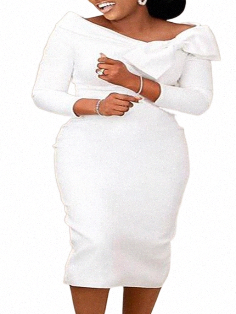 

casual Dresses Elegant Women White Bare Shoulder Long Sleeve Bow Dress For Wedding Party Classy Large Size Evening Formal Outfits XXXL d9HH#
