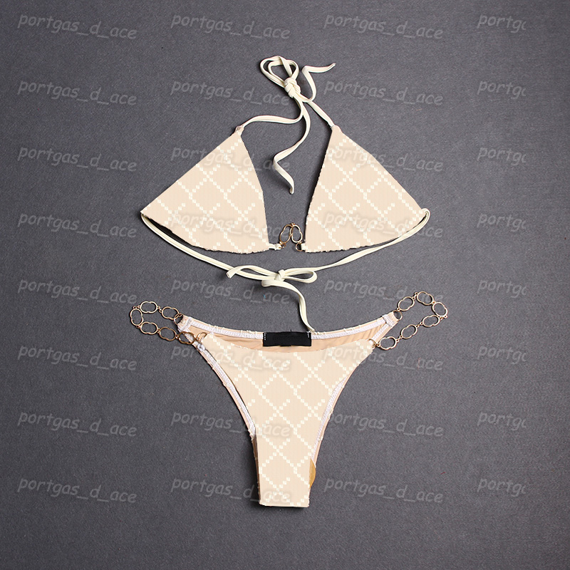 

Sexy Triangle Womens Bikinis Vintage Letters Embroidered Chain Swimwear Halter Split Spa Swimsuits Summer Women Bathing Suit Beach Bra Briefs with Tie, Chain /beige with label #666