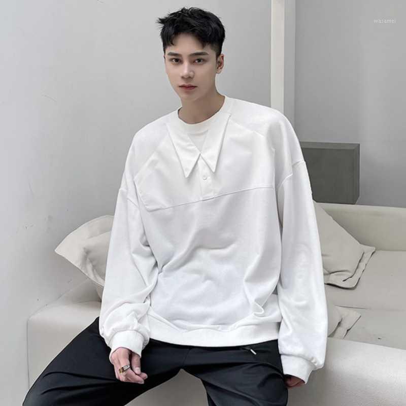 

Men' Casual Shirts Spring Round Collar Lapel Overlapping Splicing Minority Design Personality Shirt Korean Edition Loose, Black