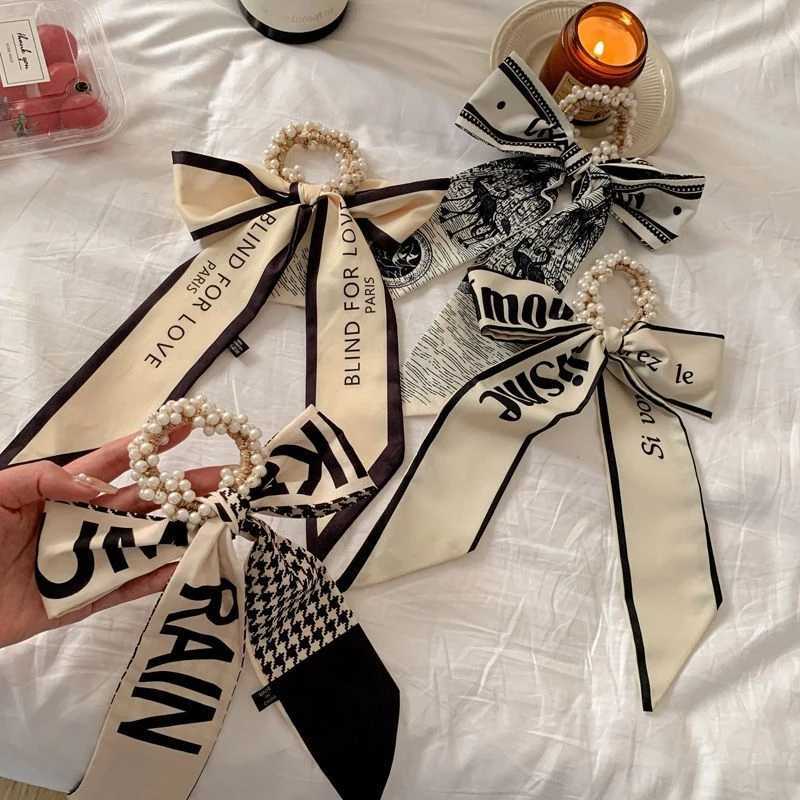 

Bow Long Pearl Ribbon Elastic Hair Rubber Bands For Women Girl Floral Print Scrunchies Ponytail Holder Hair Ties Accessories 6pcs, Light purple