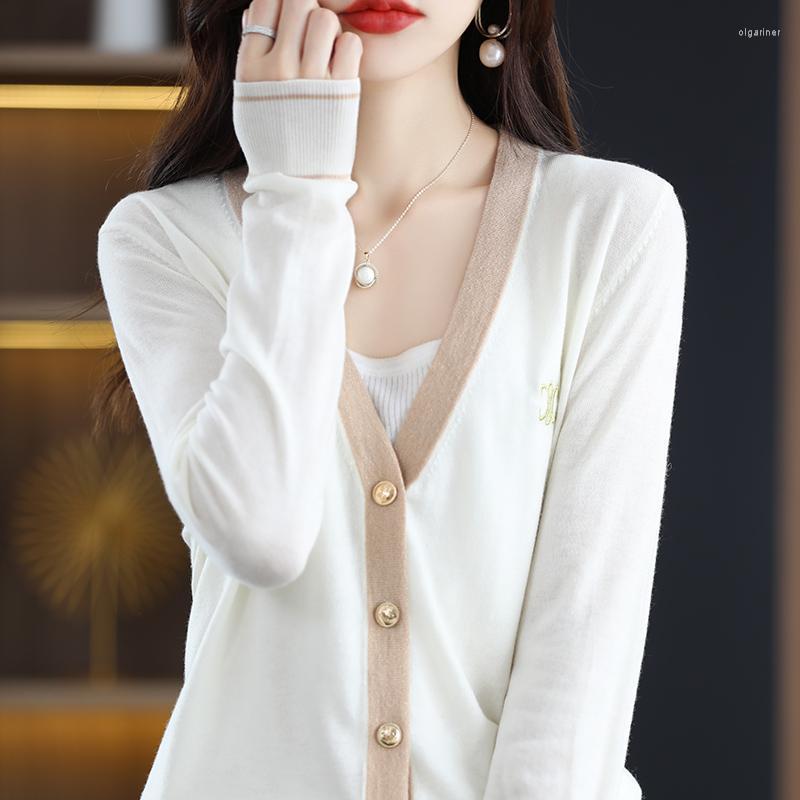 

Women's Knits & Tees Superfine Worsted Wool Jacket Women V-Neck Cardigan Casual Knitted Colorblock Embroidered Top Spring And Autumn Thin Co, Black