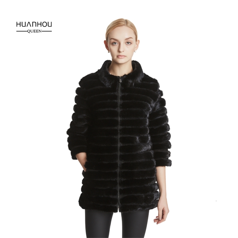 

Huanhou queen Real mink fur women's coat with mandarin collar winter popular warm fashion large plus size coat CJ191212, Three quarter black