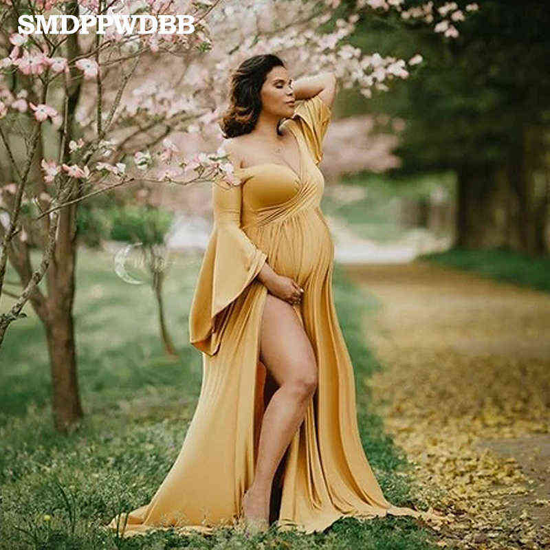 

Maternity Photography Props Maternity Gown Photo Shoot Sexy Boho Shoulderless Bell Sleeves Maxi Long Dress Pregnancy Mermaid G220418, Wine red