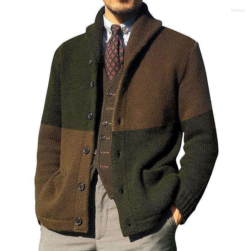 

Men's Sweaters Sweater Cardigan Color-Patchwork Single Button Long-Sleeved Knitted Outwear European American Lapel MenMen's Mari22, Army green