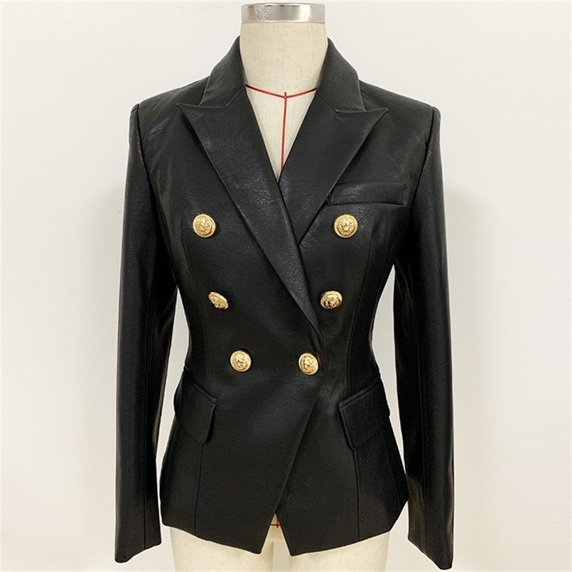 

est Fall Winter Designer Blazer Jacket Women' Lion Metal Buttons Double Breasted Synthetic Leather Blazer Overcoat 220402, Black