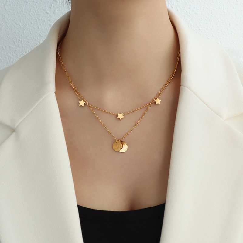 

Pendant Necklaces Stainless Steel Fashion Upscale Jewelry Star Matte Round Curved Surface Charms Chain Choker For WomenPendant