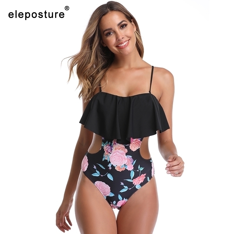 

Sexy Ruffle Swimsuit Swimsuit Women Printed Swimwear Female Monokini Backless Bathing Suits Summer Beach Wear Y200824, Black
