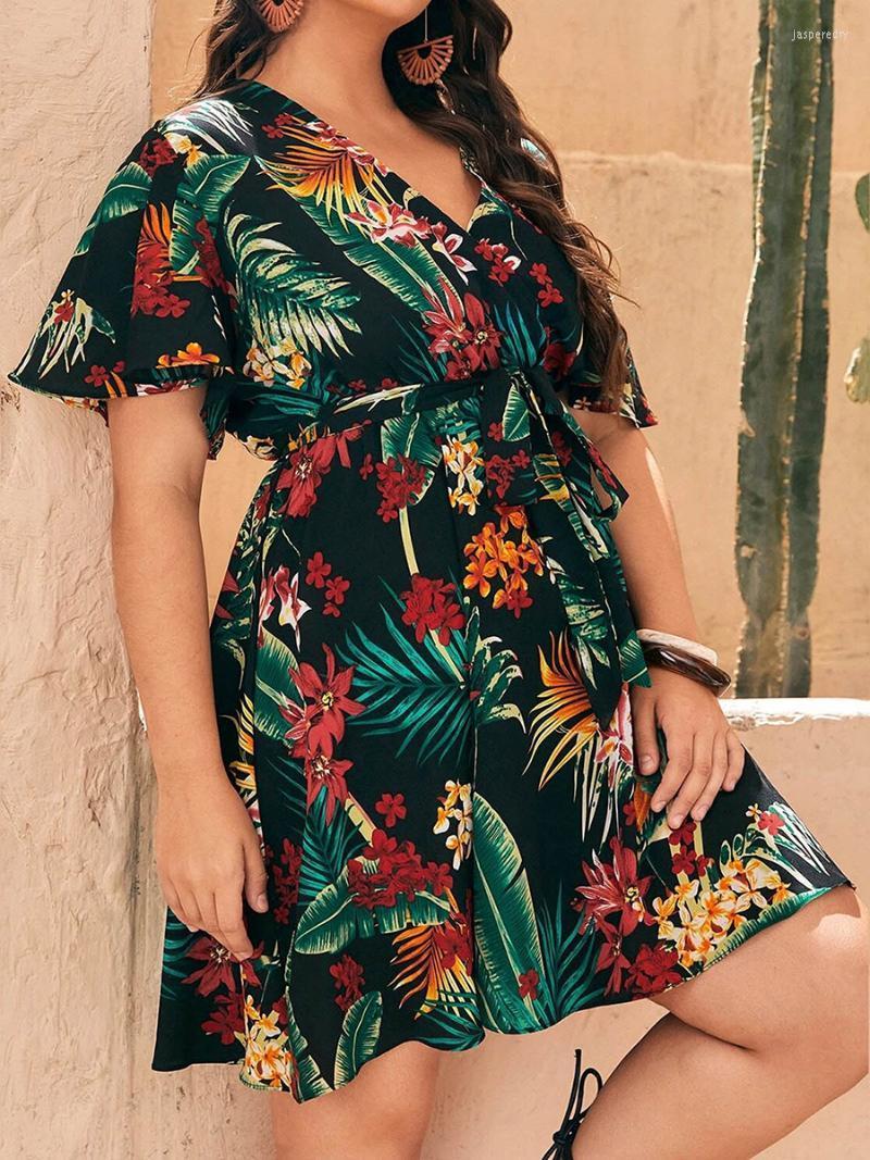 

Plus Size Dresses Beach Dress Women 2022 Fashion Summer V Neck Short Sleeve Floral Print Casual Big Mini DressesPlus Jasp22, Black