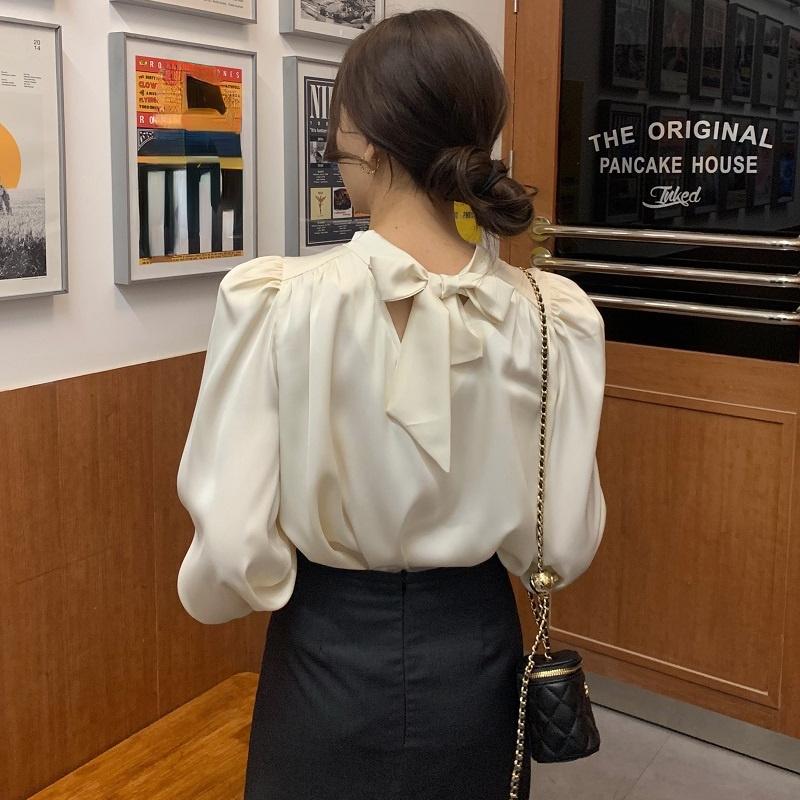 

Women's Blouses & Shirts Korean Chic Autumn Elegant Lace Up Stand Collar Blouse Women Front Back Two Wear Loose Puff Sleeve Vintage Shirt To, Apricot