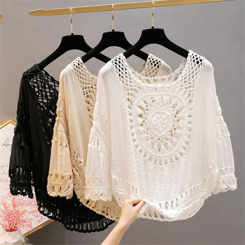 

Women's Blouses & Shirts Summer Beach Cover Up Pullover Sexy Off Shoulder Blouse Women Hollow Out White Shirt Blusa Mujer DeWomen's, Black